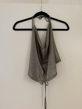 Metallic Silver Halter Cowl Neck Top